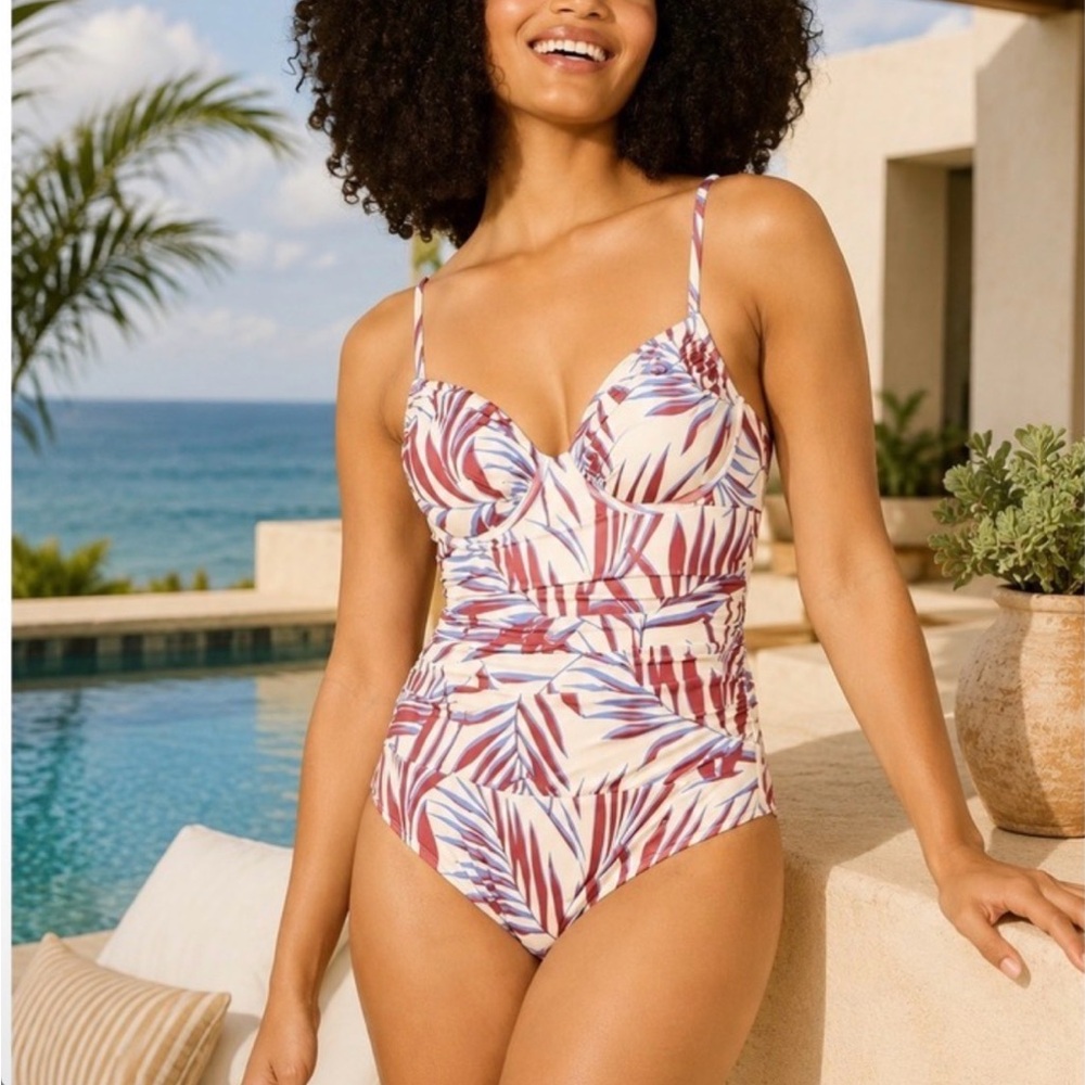 BNWT Shade & Shore Cream One-Piece Swimsuit with Burgundy & Blue Leaf Print